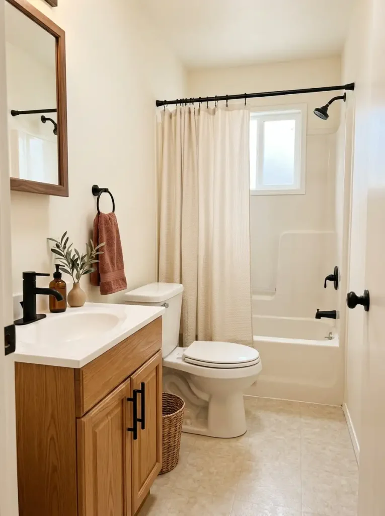 Compact fall bathroom with matte black faucet, dark towel hook, cabinet pulls, oak vanity, and warm neutral decor.