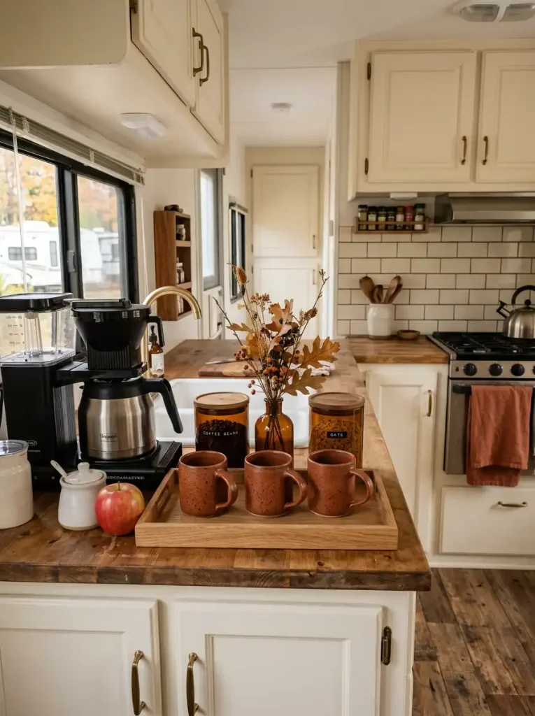 Compact mobile home fall coffee station with rust mugs, wood tray, amber vase, and functional counter space