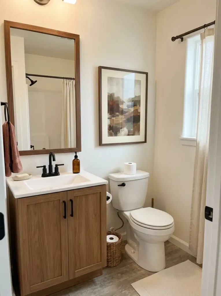 Small bathroom with framed autumn artwork above a white toilet beside a warm wood vanity and neutral fall decor.