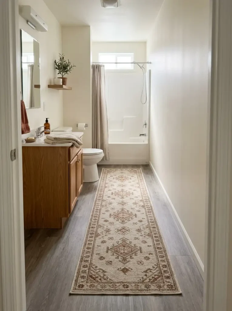 Long narrow mobile home bathroom with oatmeal and rust fall runner rug positioned along the clear walking path.