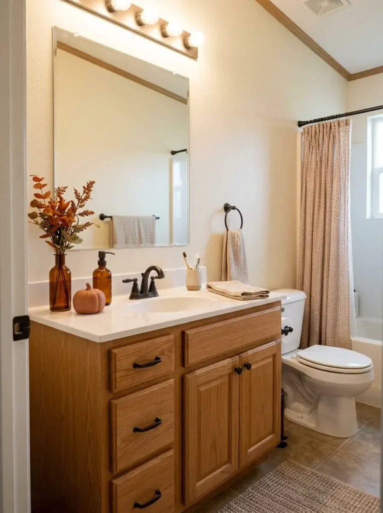 Small bathroom vanity styled with amber glass, autumn stems, muted fall decor, and clear functional counter space.