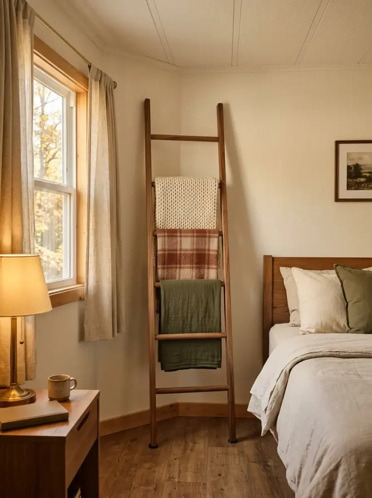 Wooden leaning blanket ladder in a compact mobile home room holding cream, cinnamon plaid, and muted olive fall throws.