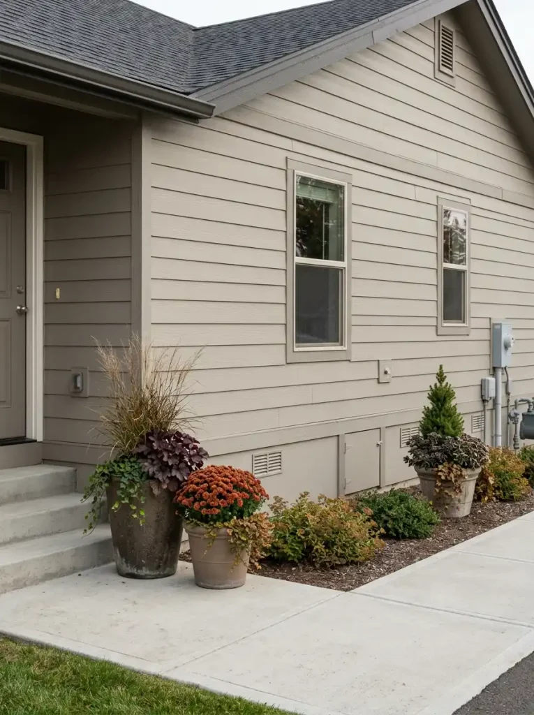 Fall containers placed beside manufactured home skirting to connect the foundation landscaping with the exterior siding.