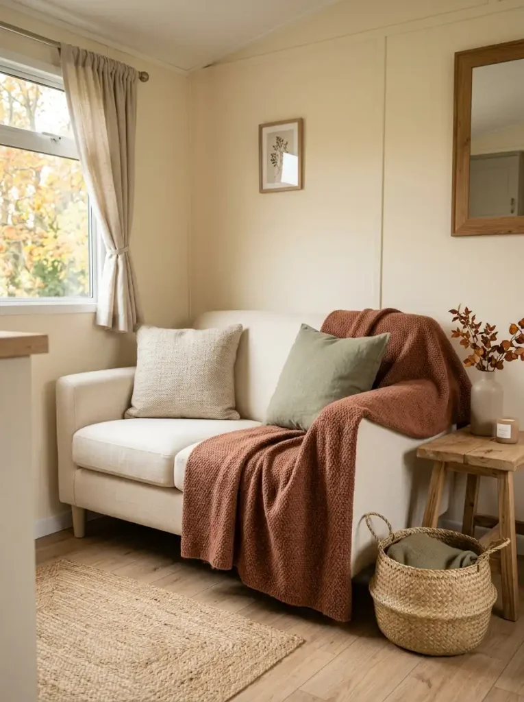 Light layered farmhouse fall textiles on a mobile home sofa