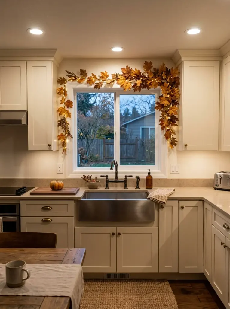 Mobile home kitchen window framed with removable autumn leaves and warm string lights above a clear and uncluttered sink area.