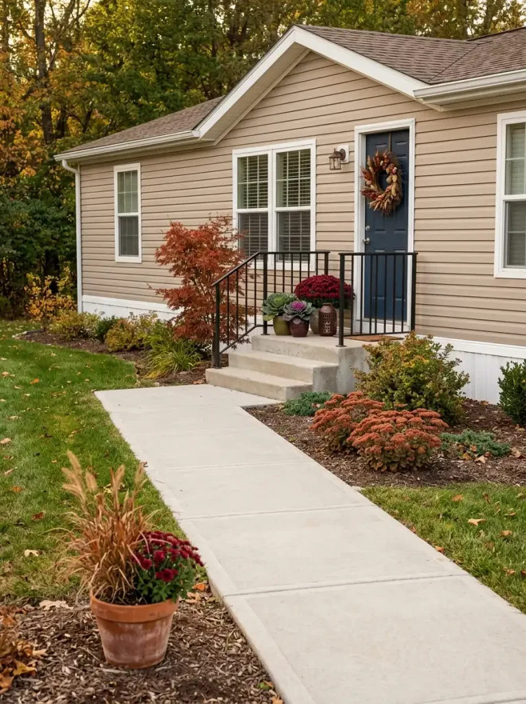 Manufactured home fall walkway with restrained autumn accents guiding the eye from the path toward the front door.