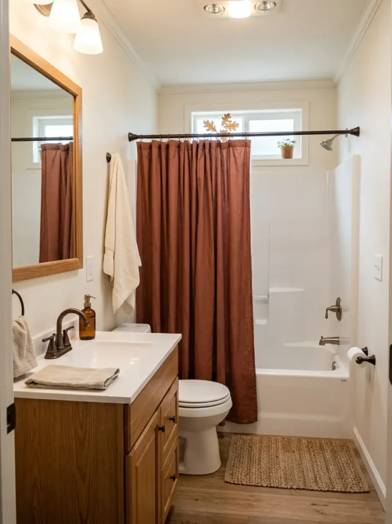 Compact mobile home bathroom with muted terracotta fall shower curtain, cream towels, oak vanity, and dark bronze accents.