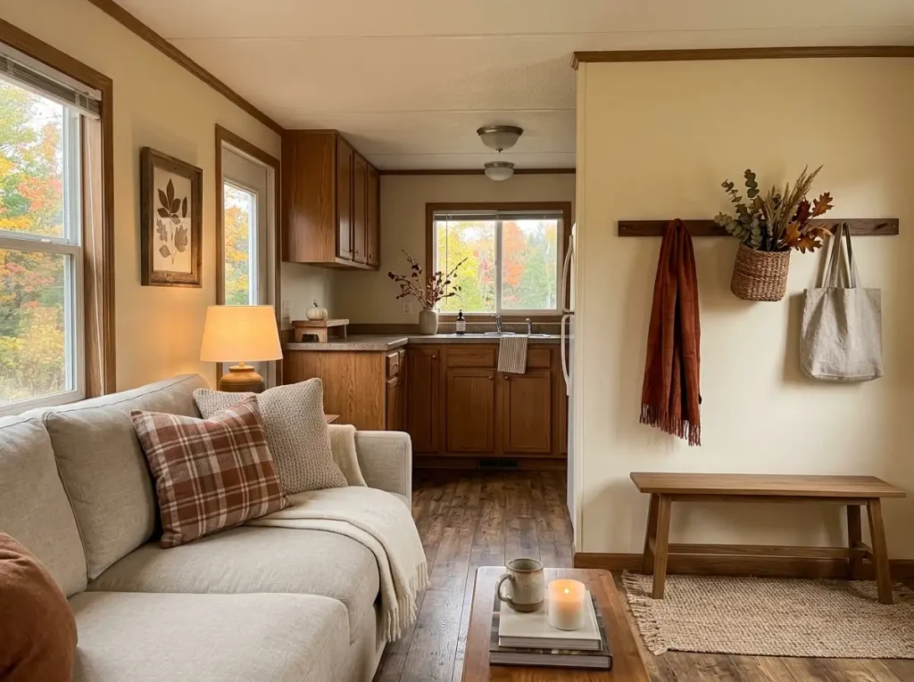 Cozy mobile home living room and kitchen decorated with handmade fall DIY projects, warm textiles, wood accents, and seasonal decor.