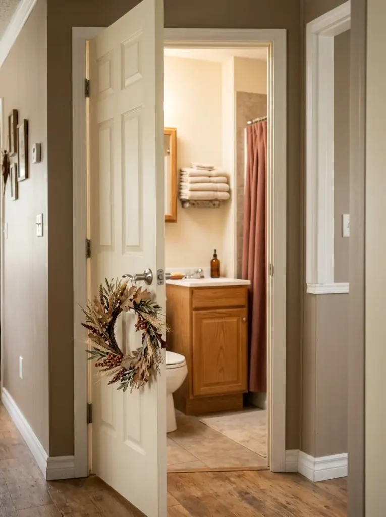 Small fall wreath on a mobile home bathroom door with a cozy rust and cream bathroom visible beyond the doorway.