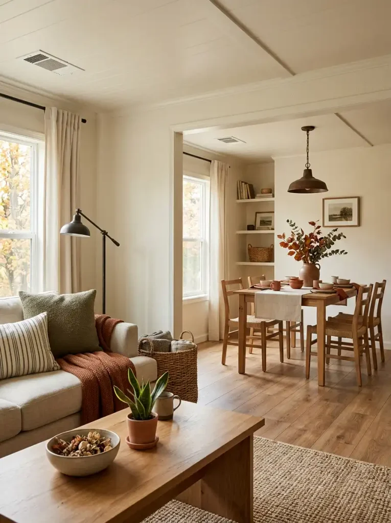 Muted farmhouse fall color palette across connected mobile home spaces