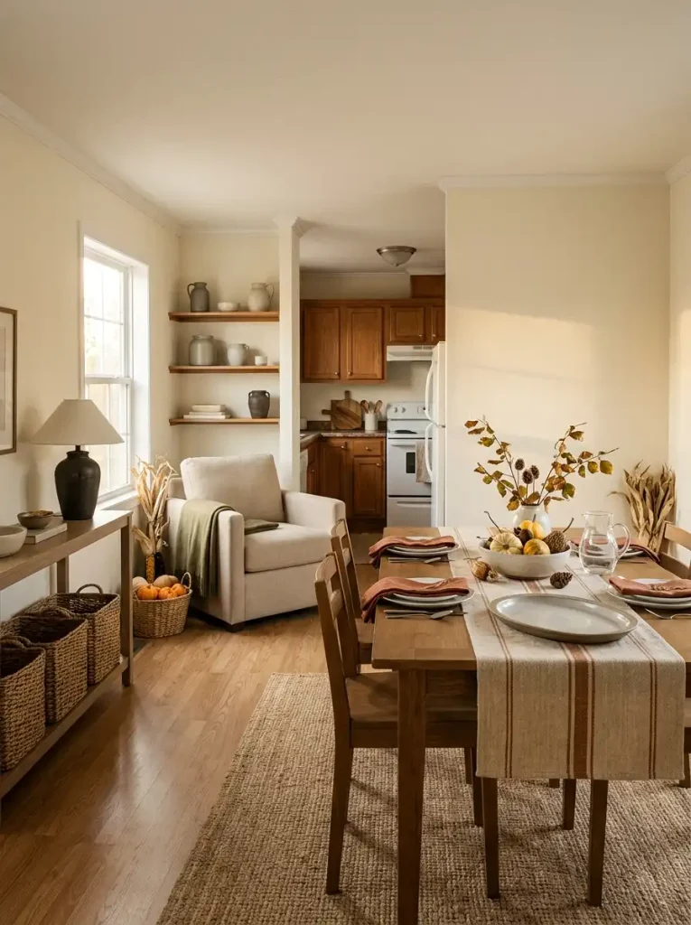 Farmhouse fall mobile home decor transitioning into Thanksgiving