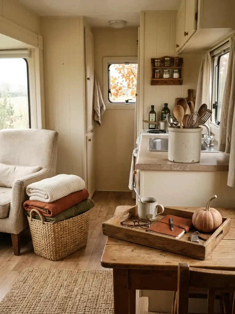 Functional farmhouse baskets crocks and trays styled for fall