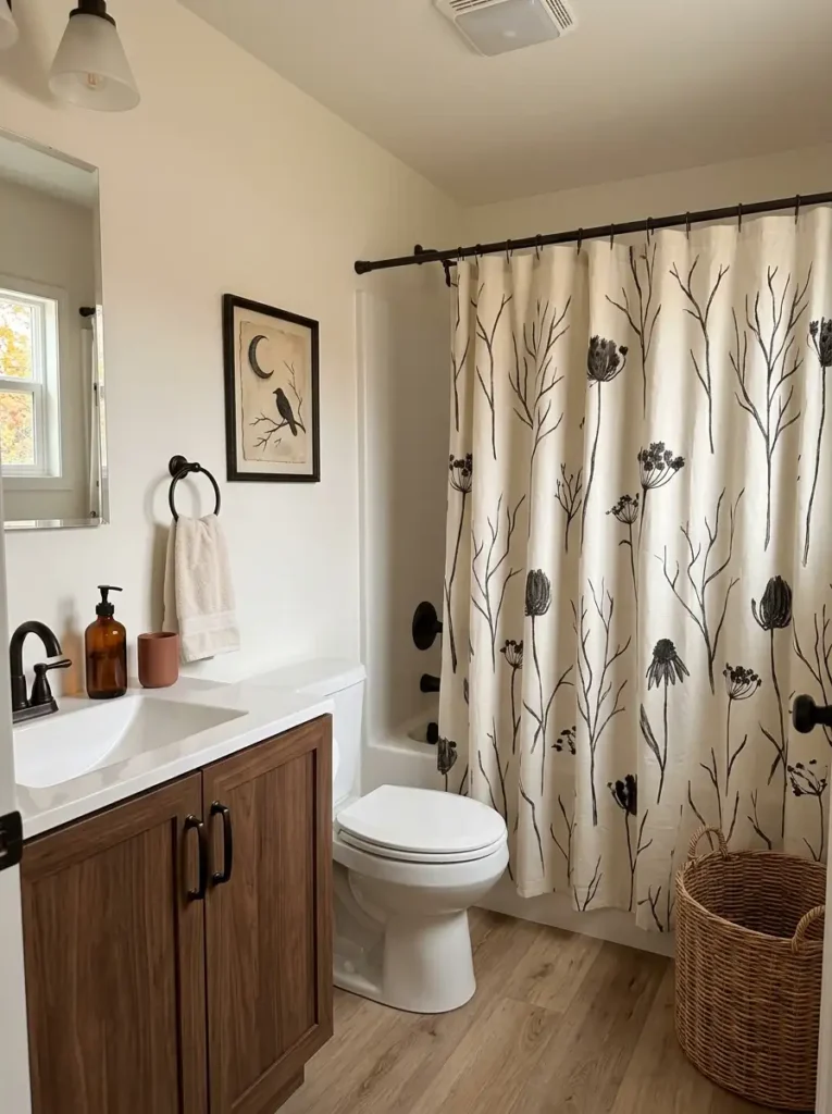 Mobile home bathroom with tasteful Halloween shower curtain, dark accent decor, warm wood vanity, and rust fall accessories.