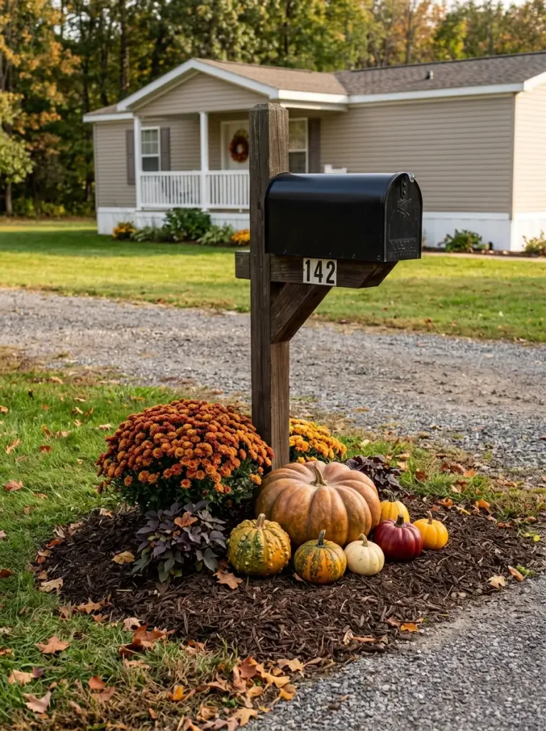 Mobile home mailbox surrounded by a compact fall harvest bed with mums, pumpkins, gourds, mulch, and seasonal foliage.