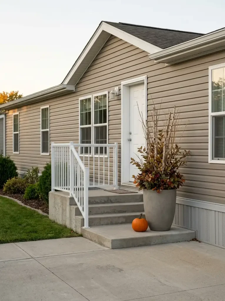 Manufactured home front entry with a tall fall planter creating a vertical focal point beside the door.