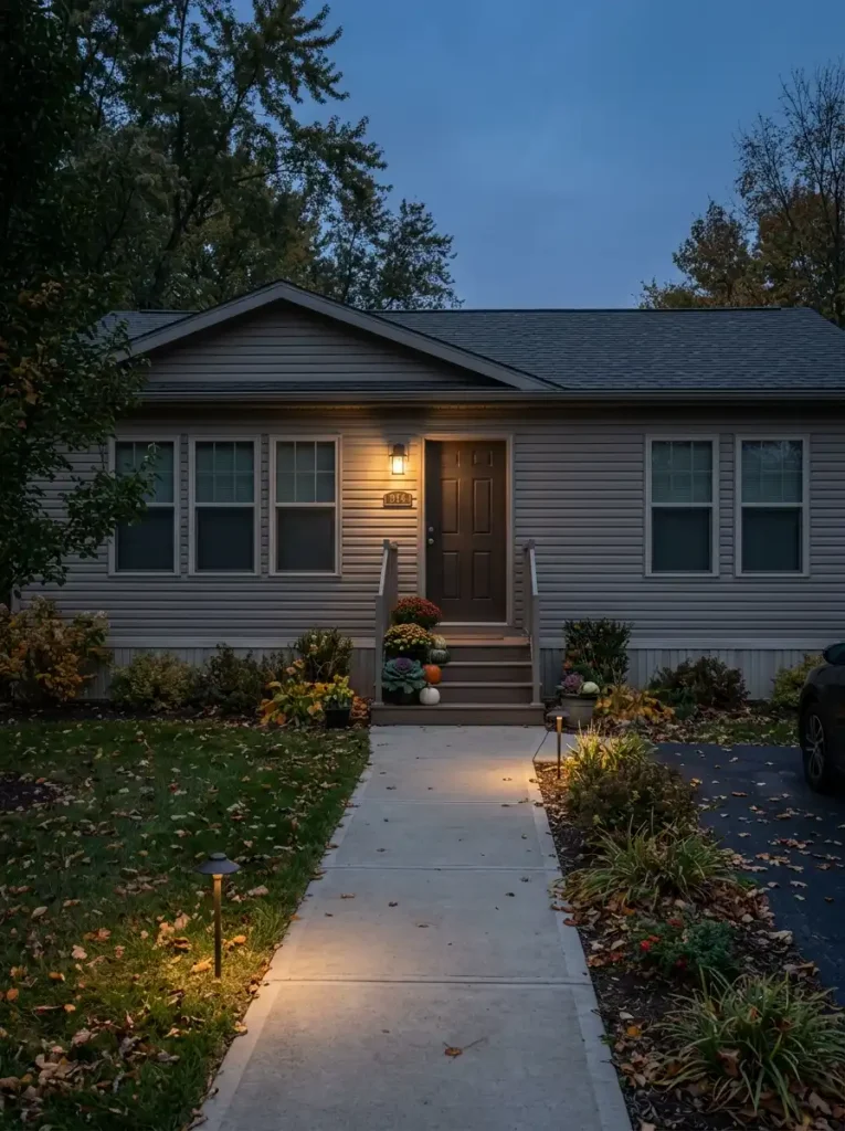 Manufactured home at blue hour with warm fall exterior lighting highlighting the walkway, landscaping, and front entry.