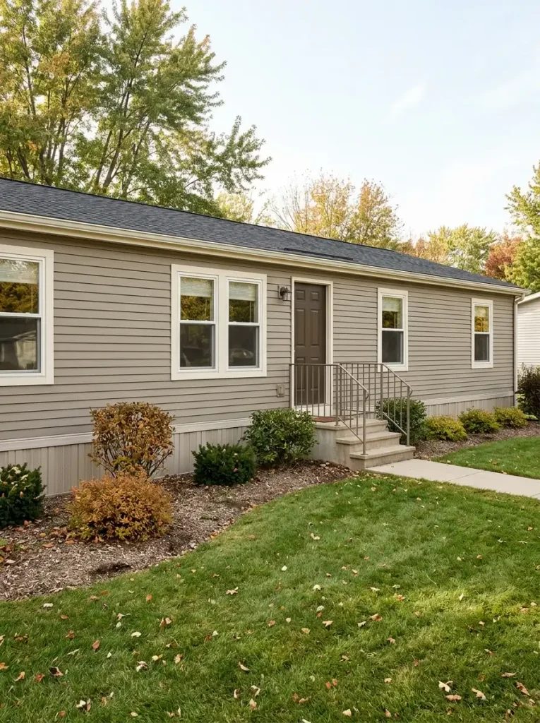 Manufactured home foundation landscaping in fall with clean bed edges, visible skirting, autumn foliage, and a tidy ground plane.