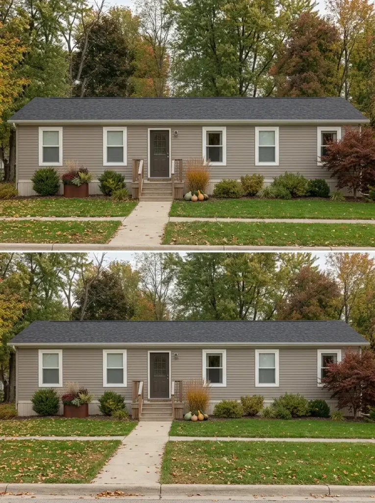 Manufactured home exterior with repeated windows and restrained fall accents creating an autumn rhythm across the front façade.