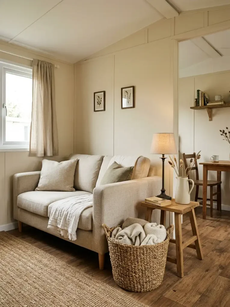 Existing farmhouse-style pieces in a mobile home before fall decorating