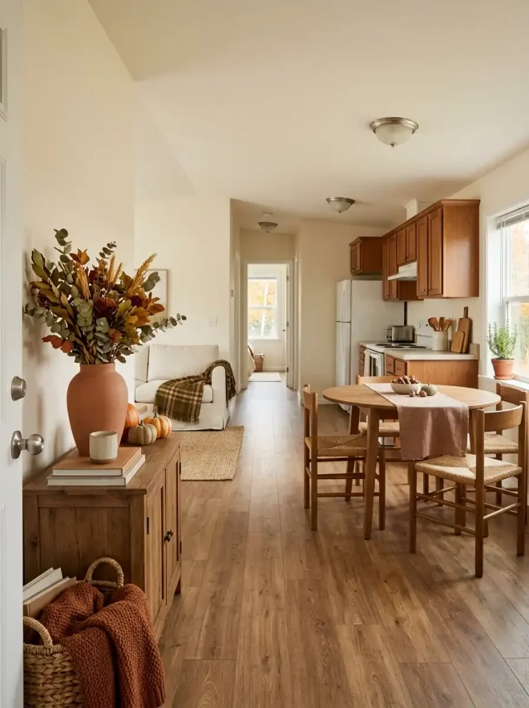 Fall farmhouse decor arranged across connected mobile home sightlines