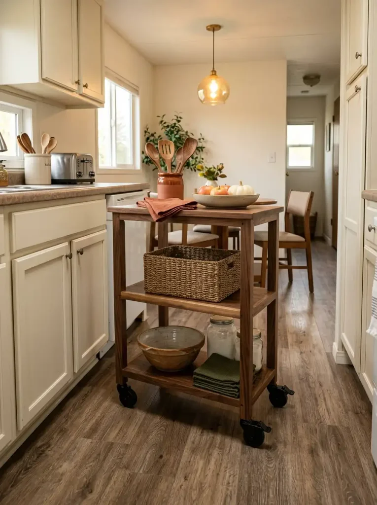 Narrow handmade rolling cart in a mobile home kitchen and dining area styled with autumn linens, wooden utensils, fruit, and practical storage.