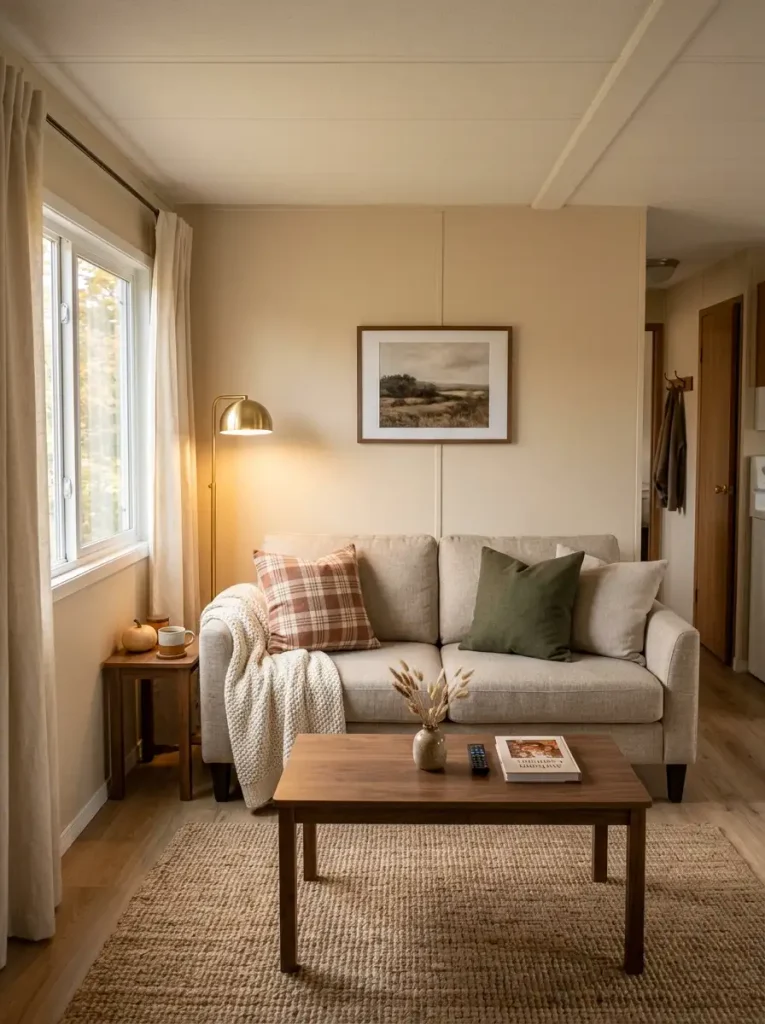 Neutral mobile home sofa with handmade no-sew flannel pillow covers in cinnamon plaid, oatmeal, and muted olive tones.