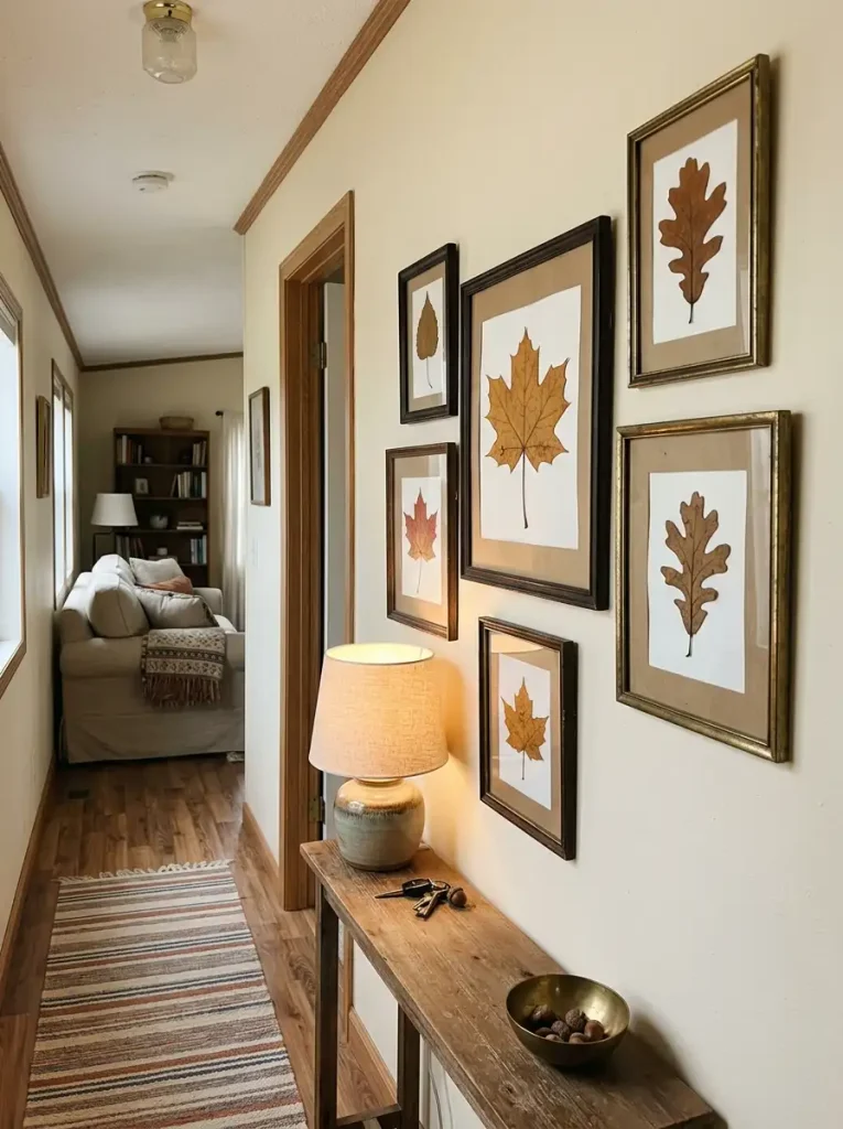 Mobile home wall featuring thrifted frames filled with pressed autumn leaves on warm neutral and muted olive backgrounds.