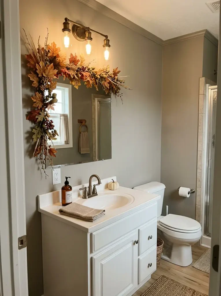 Compact mobile home bathroom mirror decorated with a removable garland of muted fall leaves, berries, and autumn stems.