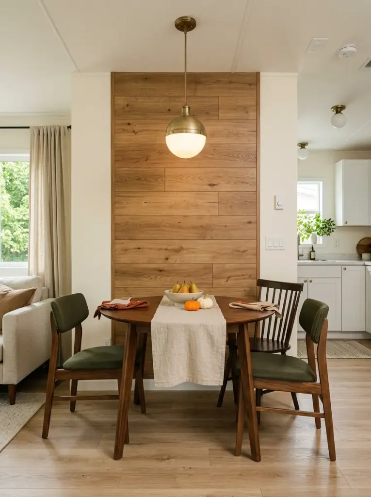 Compact mobile home dining nook with a removable warm wood-look accent panel behind a small table and chairs styled for fall.
