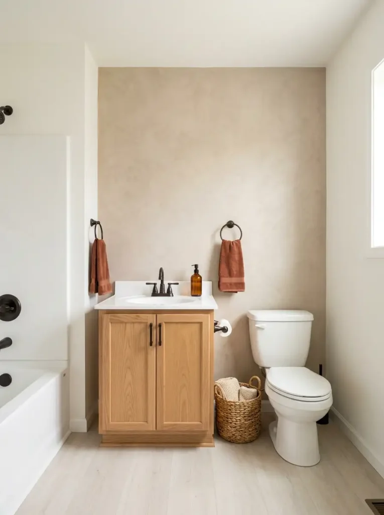 Mobile home bathroom with removable warm clay accent wall behind a light oak vanity and subtle autumn accessories.