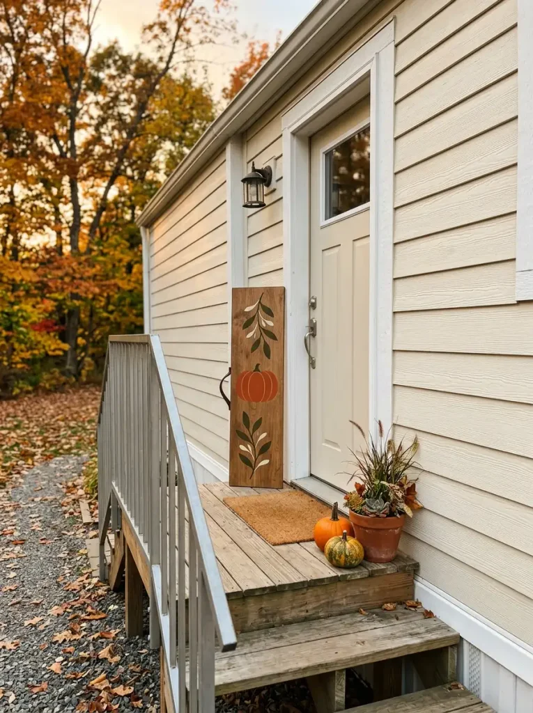 Slim handmade wooden fall sign beside a mobile home front door with a simple pumpkin motif, planter, and seasonal porch decor.