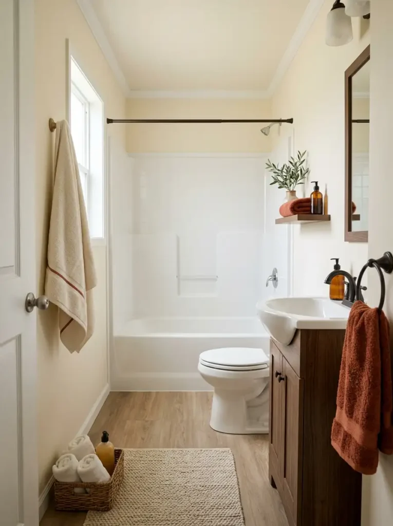 Small mobile home bathroom decorated with rust and cream towels positioned around the vanity, shelving, and shower area.