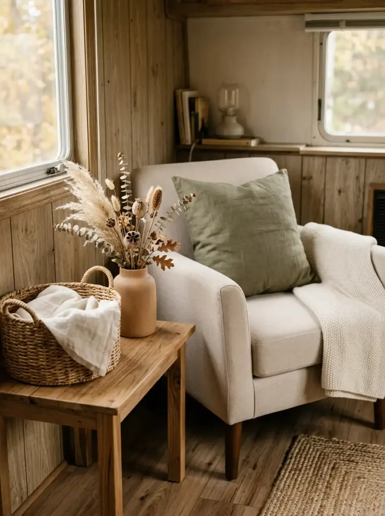 Wood, woven fibers, pottery and linen textures in farmhouse fall decor