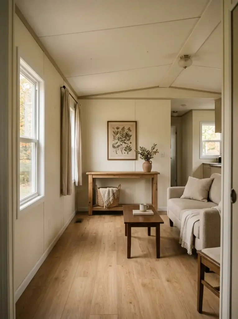 Properly scaled rustic farmhouse accents in a mobile home living room