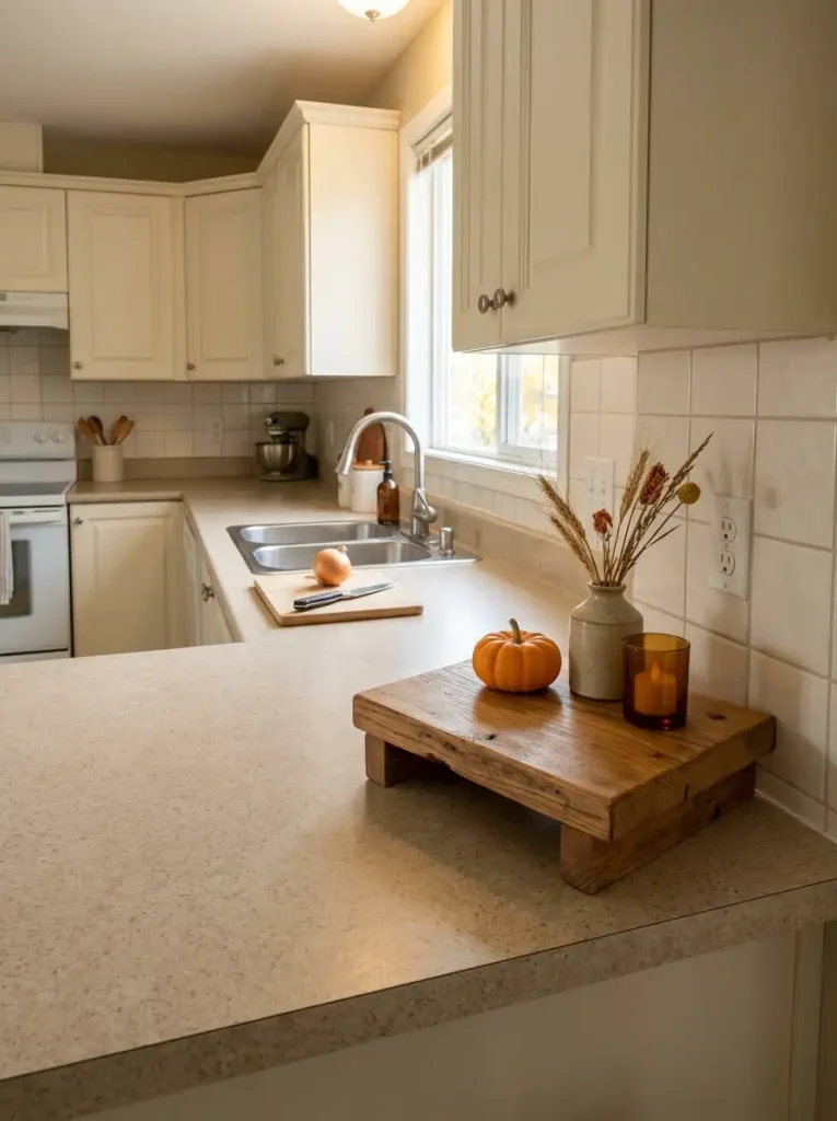 Handmade scrap-wood countertop riser in a mobile home kitchen holding a small pumpkin and vase of dried fall stems.