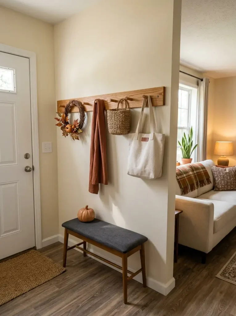 Slim wooden peg rail in a mobile home entry styled with a rust scarf, small wreath, woven basket, and simple fall decor.