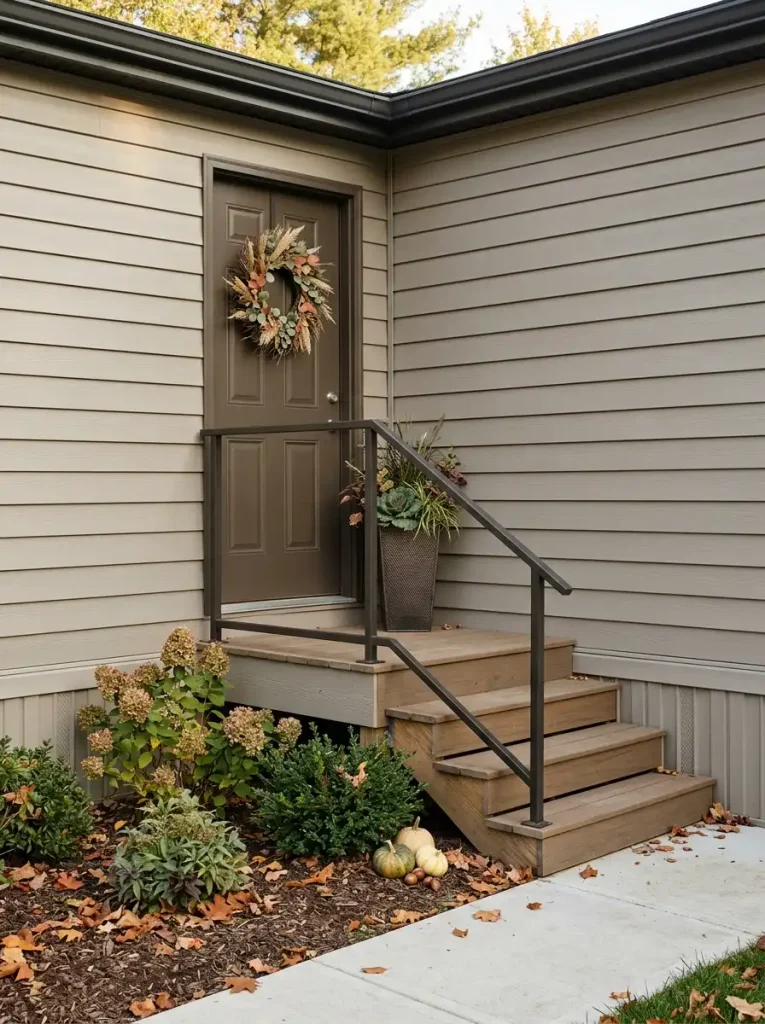 Small manufactured home fall entry with no large porch, featuring a wreath, narrow planter, clear steps, and nearby autumn landscaping.