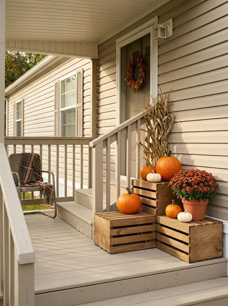 Small mobile home porch with stackable wooden crates arranged with pumpkins, a potted mum, and simple autumn decorations.