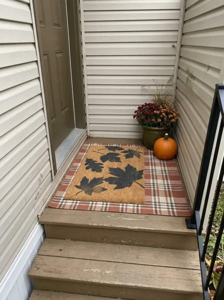 Small mobile home front step with a stenciled coir doormat layered over a muted fall outdoor rug beside a planter and pumpkin.