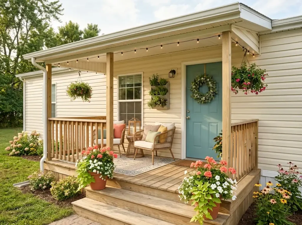 A fresh summer mobile home porch combines comfortable seating, colorful plants, coordinated textiles, and simple seasonal details for an inviting outdoor space.