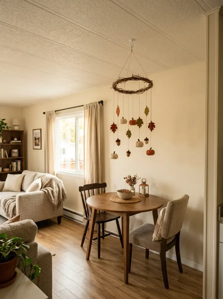 Handmade twig hanging mobile with small pumpkins and autumn leaves suspended above a compact mobile home dining table.