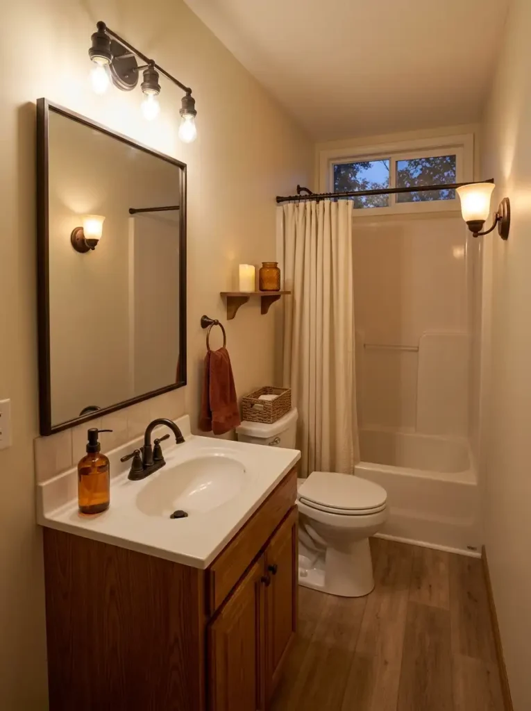 Cozy mobile home bathroom with warm 3000K vanity lighting, oak cabinetry, rust towels, and softly illuminated fall decor.
