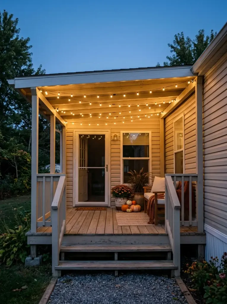 Covered mobile home porch illuminated by warm string lights with simple seating, fall planters, and a small pumpkin arrangement.