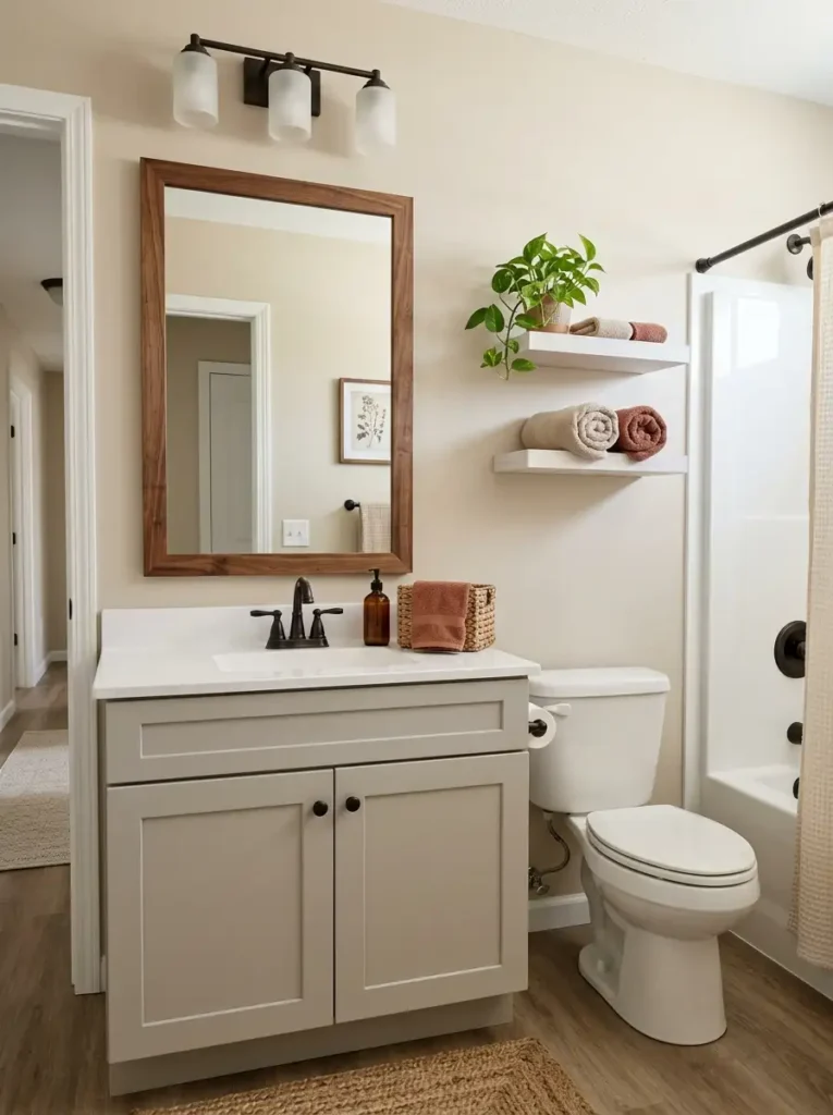 Mobile home bathroom vanity with warm walnut framed mirror, light cabinetry, rust towel, and dark bronze fixtures.