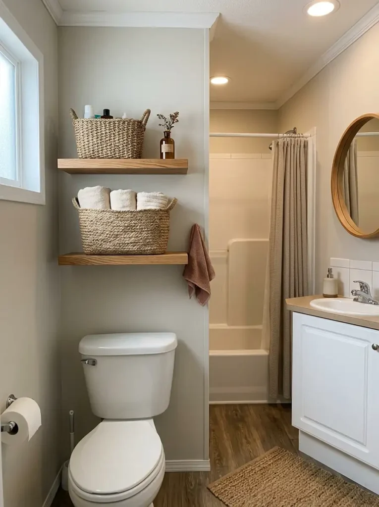 Mobile home bathroom with warm wood floating shelves, woven storage baskets, folded cream towels, and subtle fall accents.