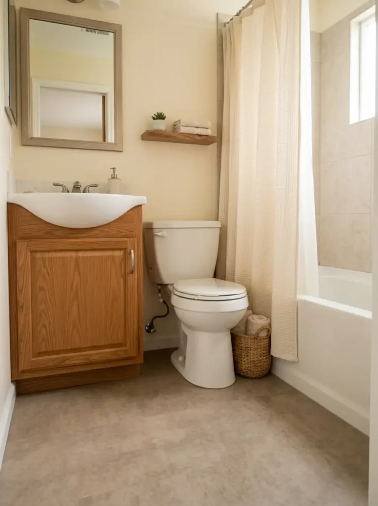 Small fall bathroom with low woven basket holding cream towels beside an oak vanity without blocking the walkway.