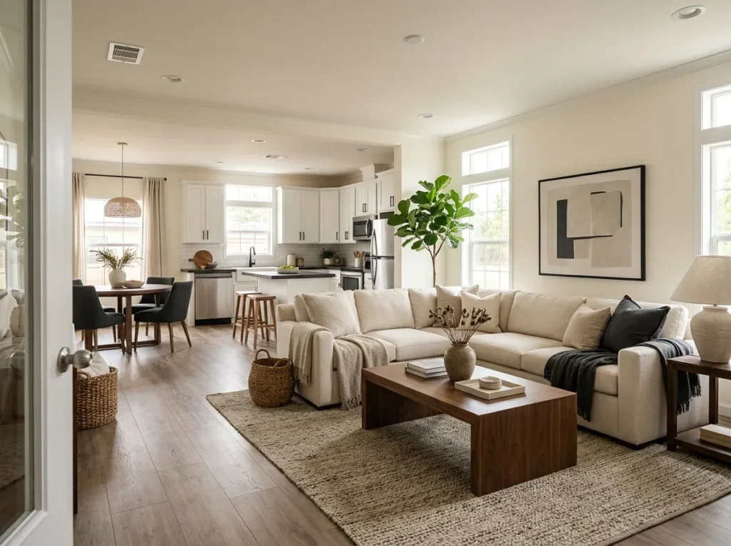 Luxury-looking double-wide living room with warm wood, neutral furnishings and connected dining and kitchen spaces.