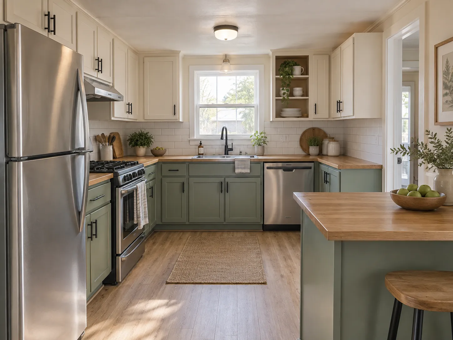 Finished mobile home kitchen with cream upper cabinets, sage lower cabinets, retained cabinet boxes, wood counters and black hardware.