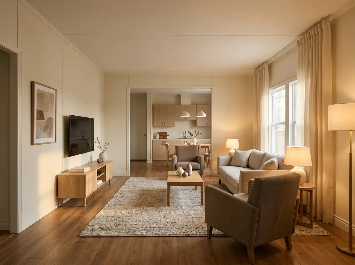 Upscale mobile home living room with coordinated neutral seating, warm wood flooring, layered lighting, an elegant media wall, and a connected kitchen view.