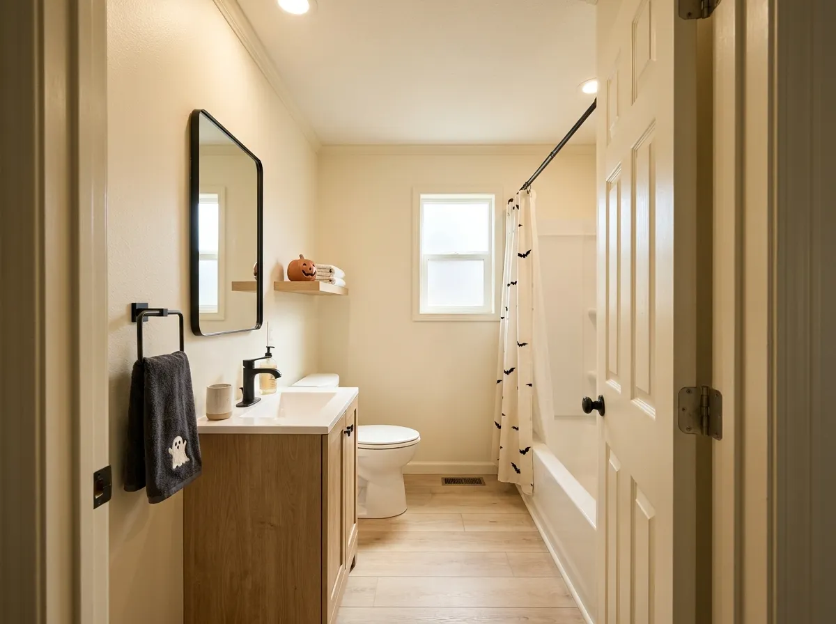 Doorway view of a small mobile home bathroom with a bat-print curtain, ghost towel, and petite orange jack-o’-lantern.